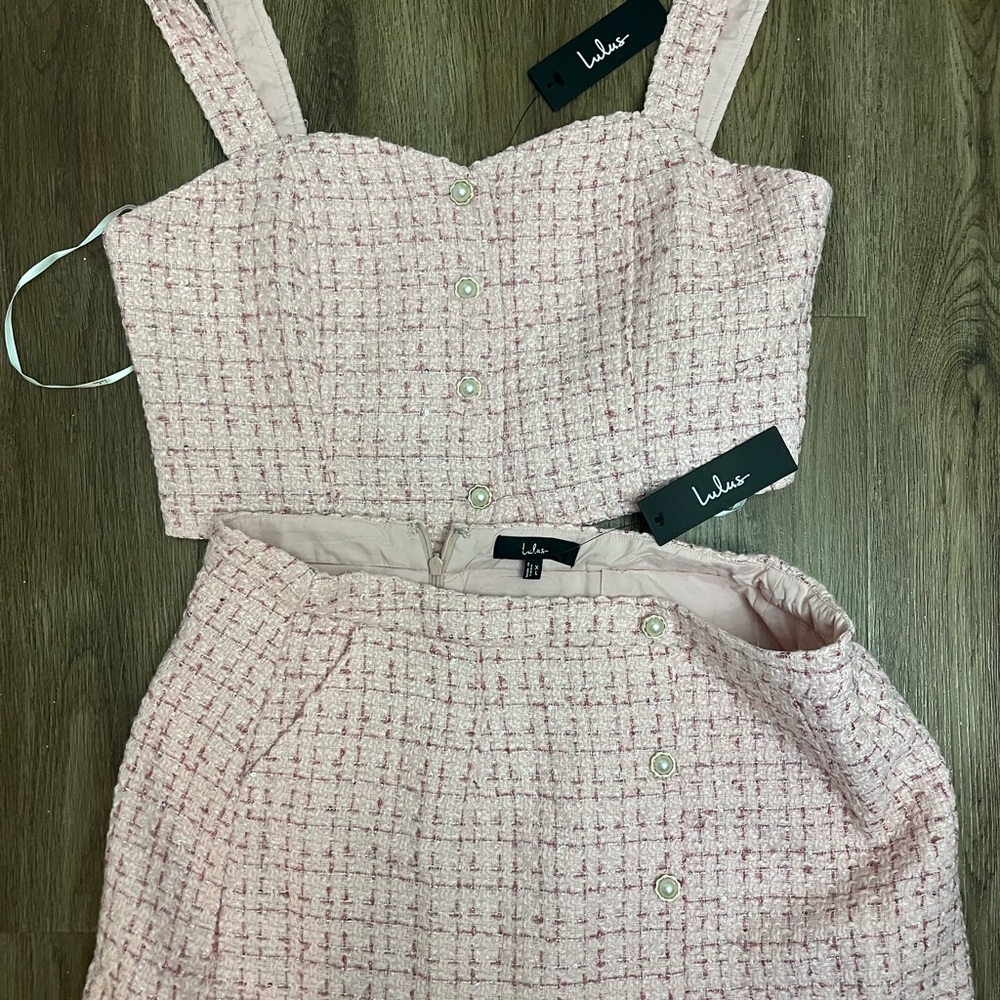 Lulus light pink tweed sequin pearl button up crop top and mini skirt, XL
